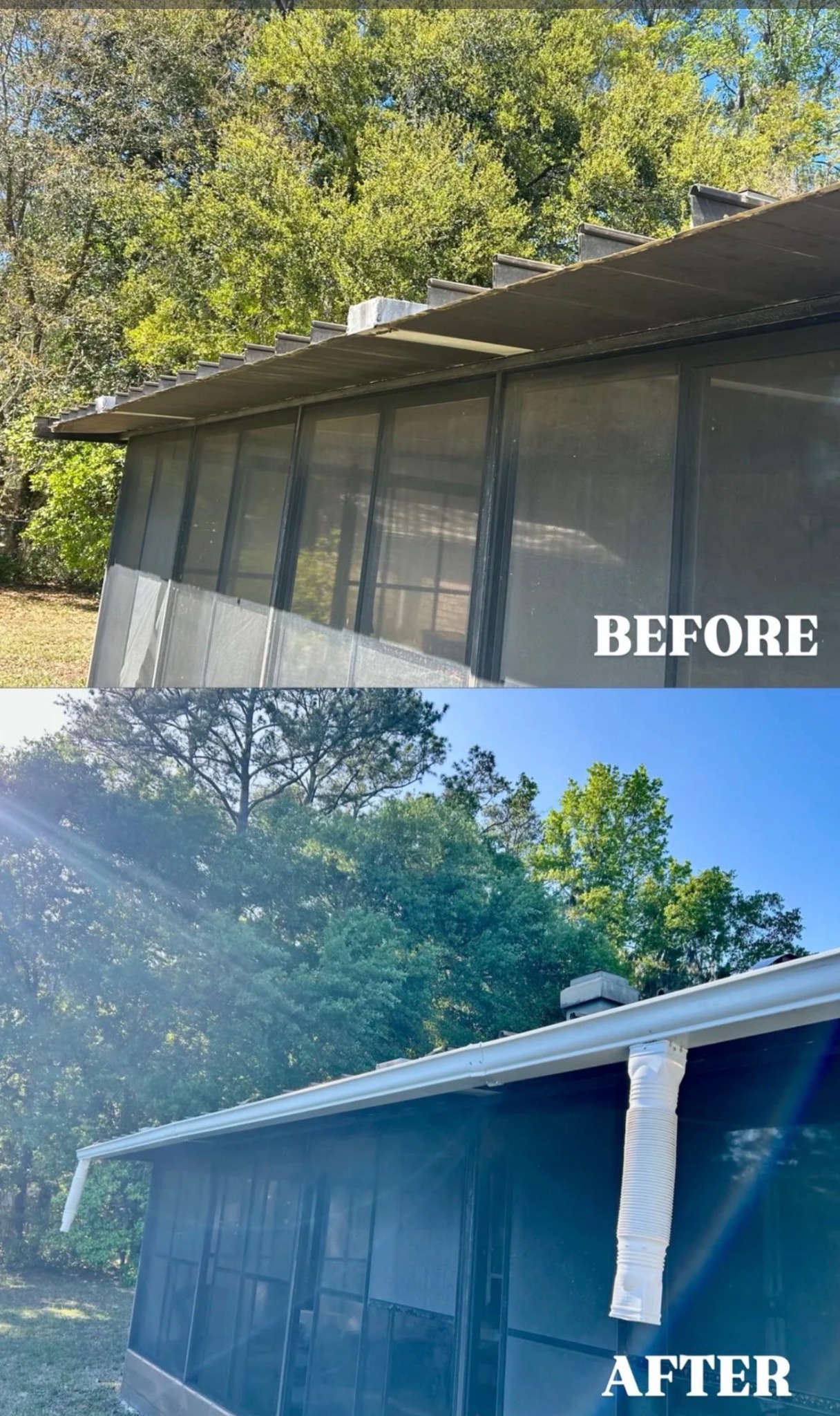 Gutter and downspout installation — before and after