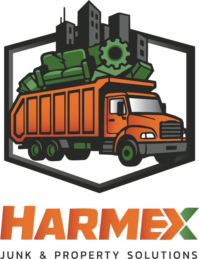 Harmex Junk & Property Solutions logo with orange hauling truck
